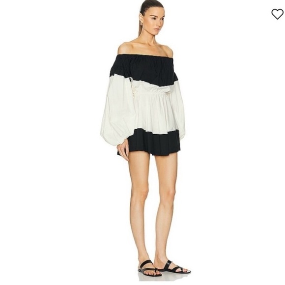 Caroline CONSTAS Marley Mini Dress Off Shoulder Long Sleeves Black & Off White - Picture 1 of 13